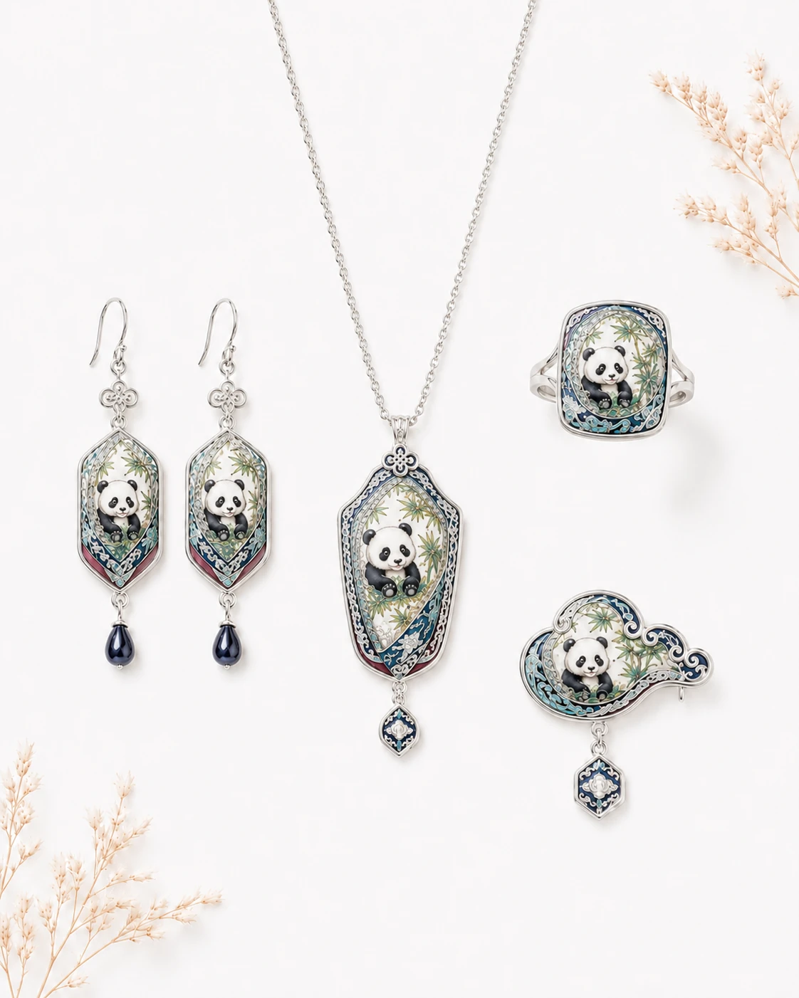Hand painted silk jewelry with silver frame featuring cute panda artwork