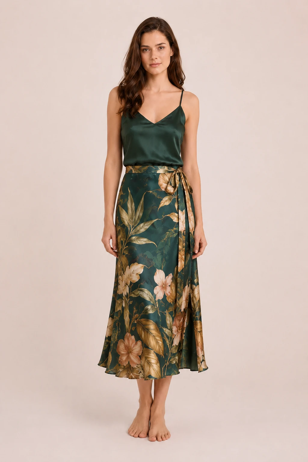 Dark green floral silk midi skirt with custom printed botanical design
