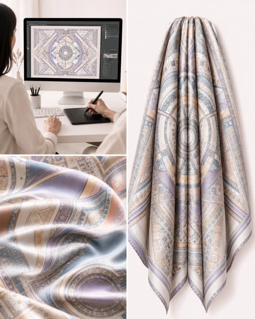 Digital scarf artwork transformed into a colorful custom silk scarf with complex modern patterns