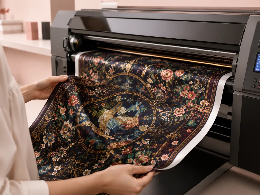 Digital printer producing a complex dark floral silk scarf with vivid colors and raised texture effect