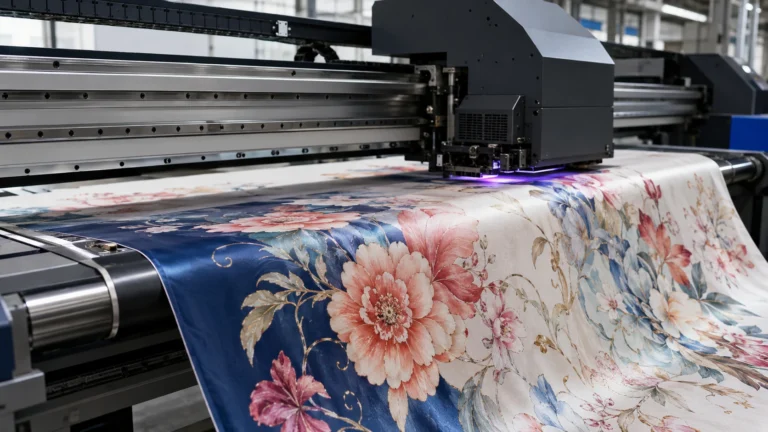 Silk Printing Methods: Understanding Digital Printing, Screen Printing and Hand Painting 7 Silk printing design studio showing custom printed silk fabrics, color swatches, and textile design samples