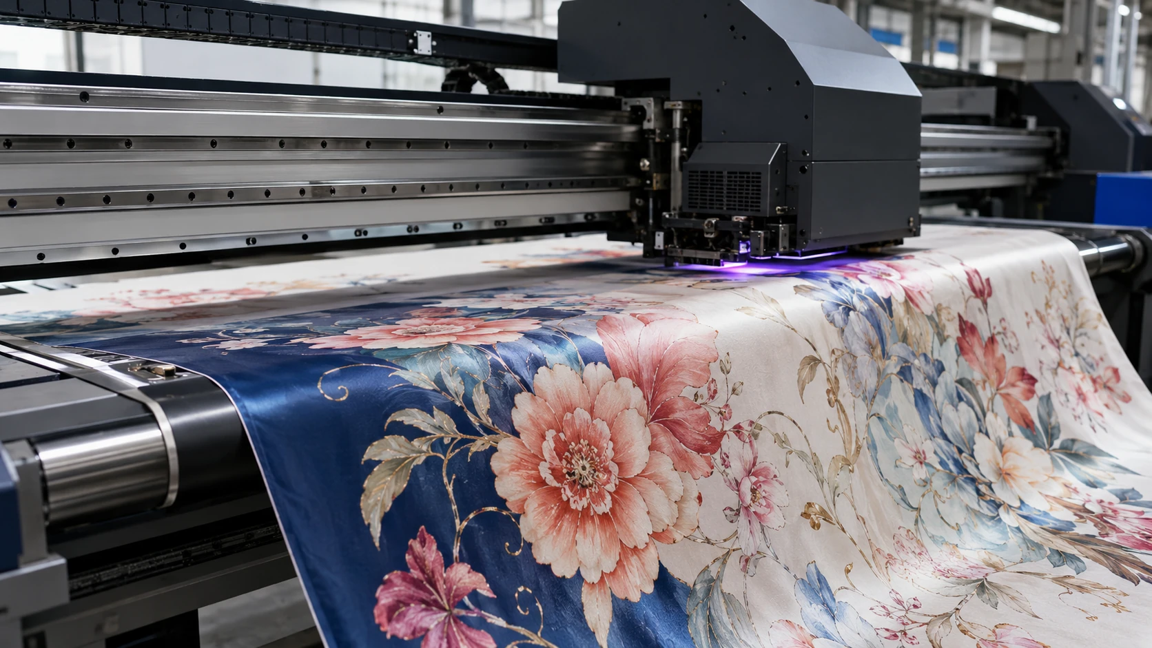 Silk printing design studio showing custom printed silk fabrics, color swatches, and textile design samples