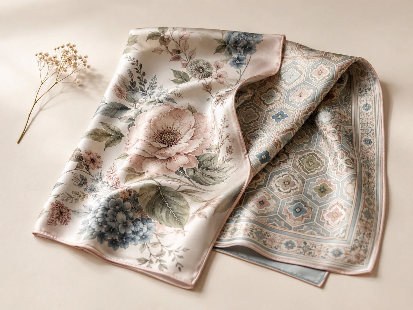 Double-sided printed silk scarf showing different patterns on both sides with smooth silk texture.