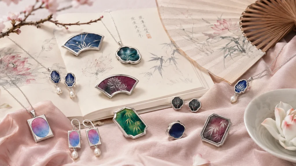 Hand painted silk jewelry collection with eastern inspired designs