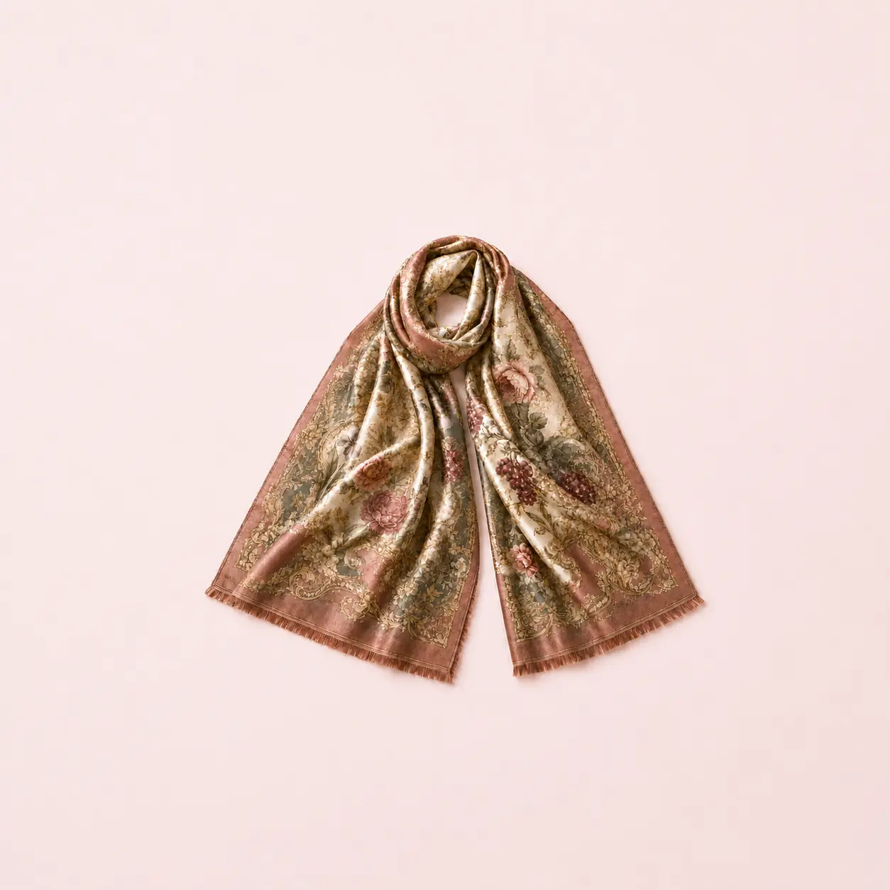 Luxury silk scarf with retro rococo floral pattern and premium soft silk texture