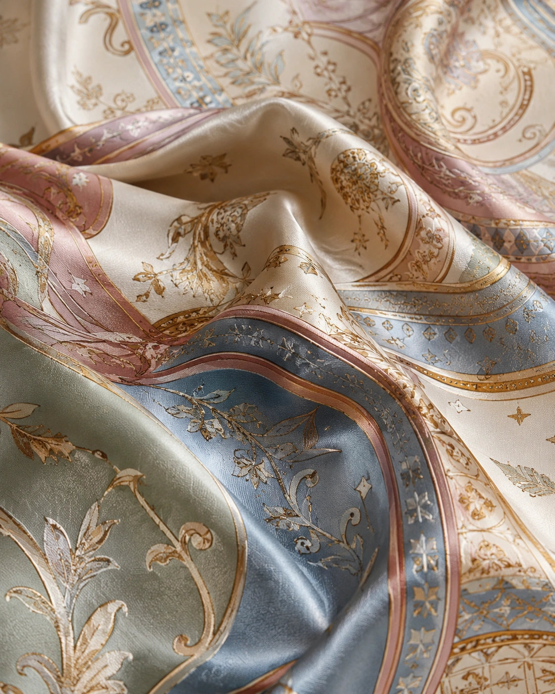 About 1 Luxury pastel silk fabric with elegant ornamental patterns and smooth premium texture