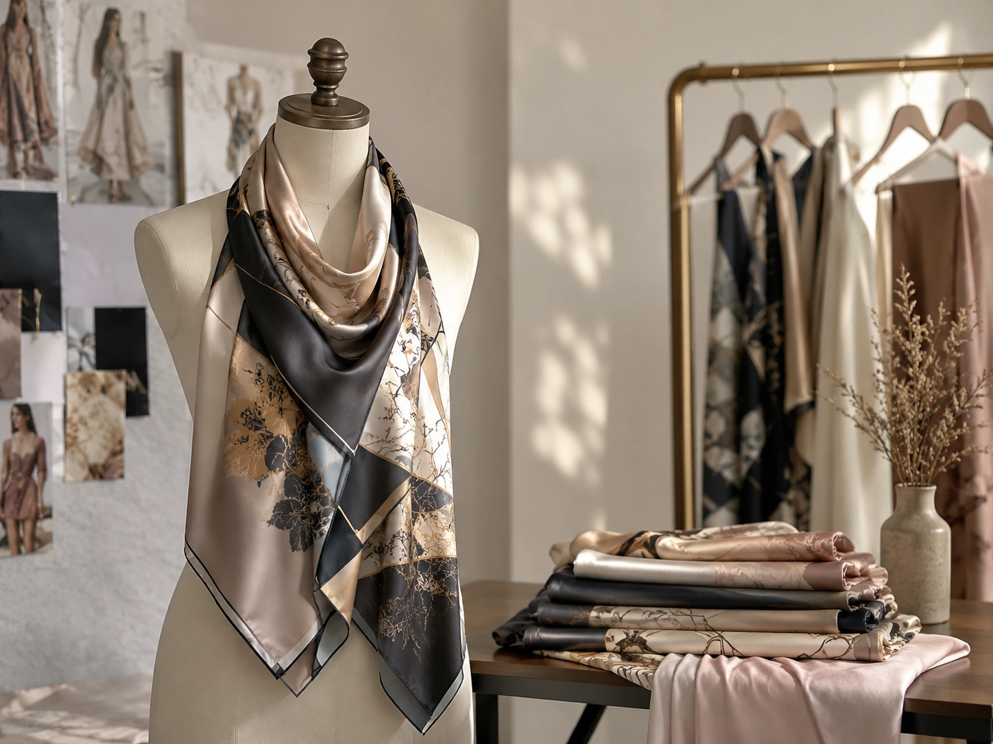 Silk Scarf 31 Custom silk scarf displayed on a dress form in a fashion studio with printed silk fabrics and designer collection samples.