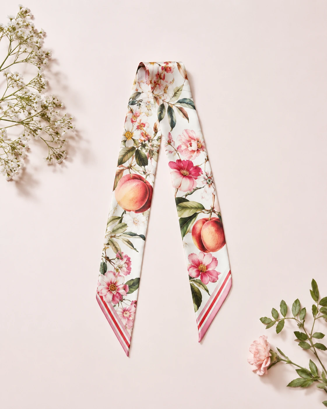 Silk Scarf 9 Narrow silk twilly scarf with peach fruit and pink floral print on a pale pink background