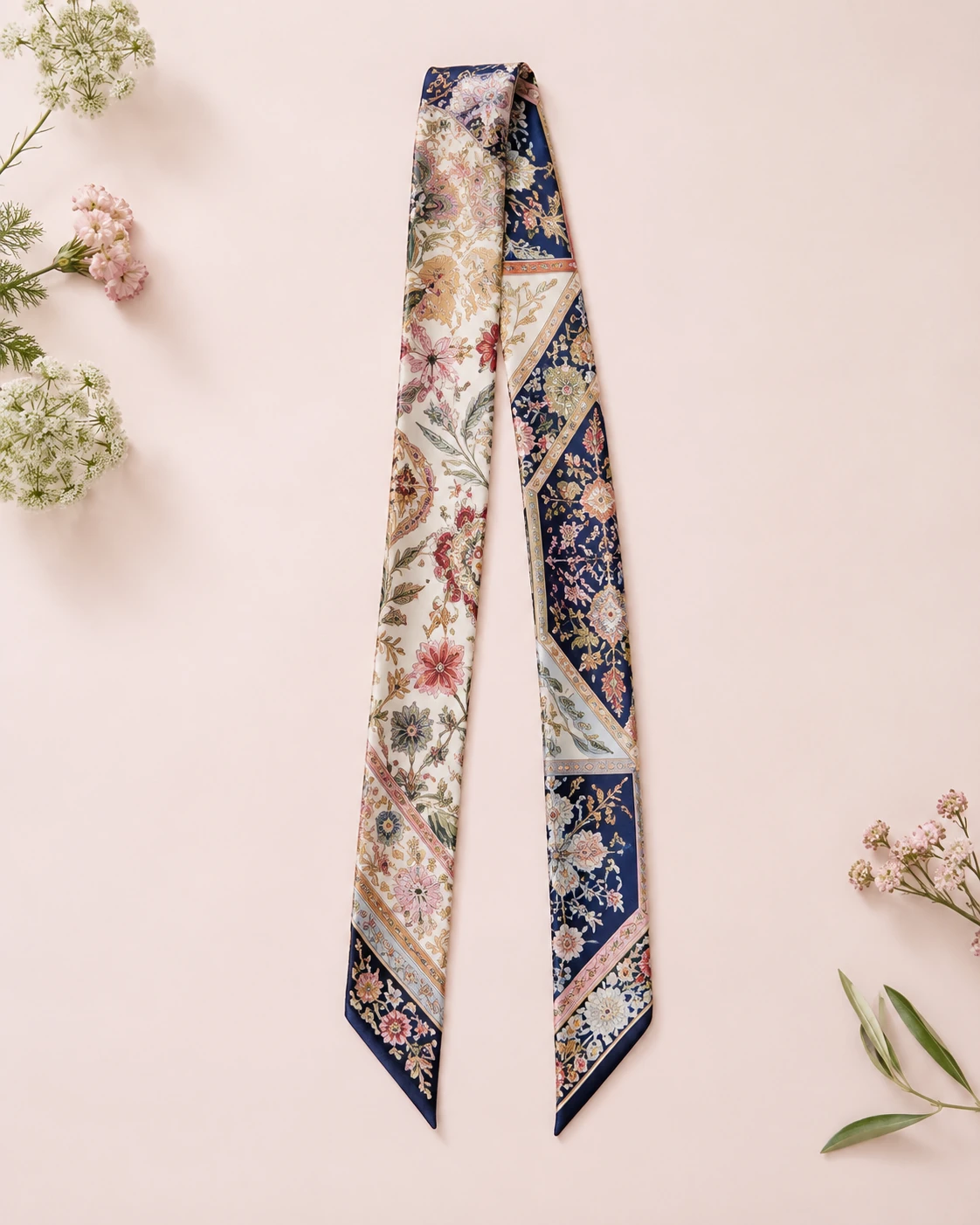 Silk Scarf 10 Long narrow silk twilly with navy ivory pink and gold patchwork floral pattern