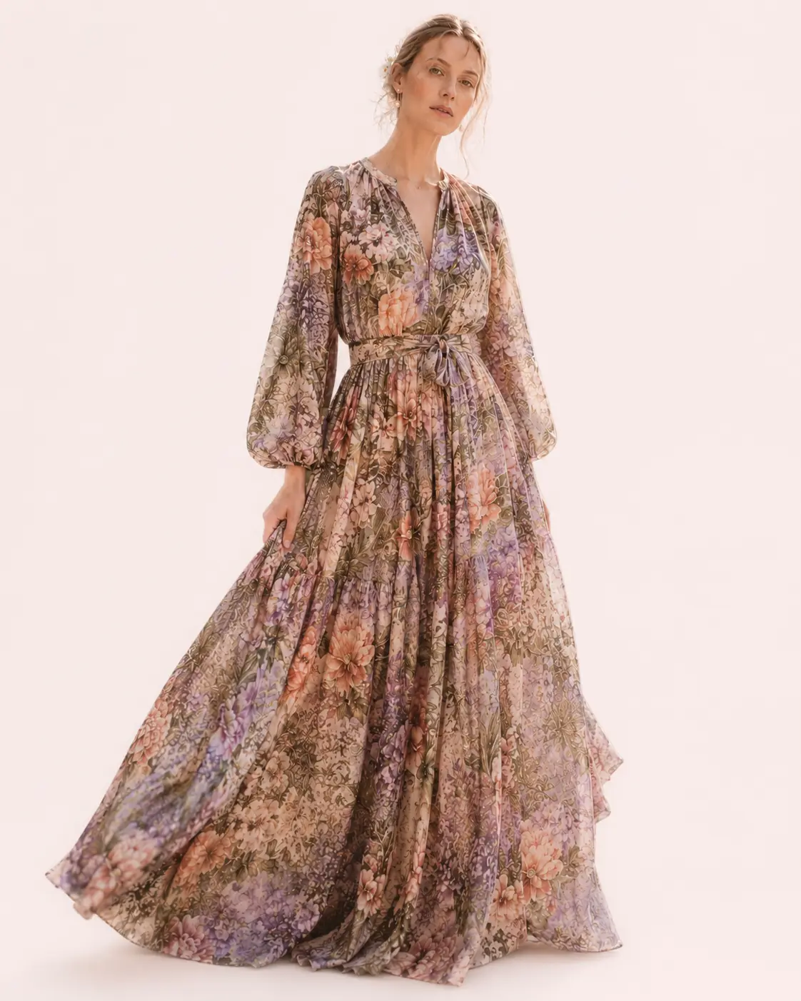 French romantic silk dress with elegant printed silk fabric