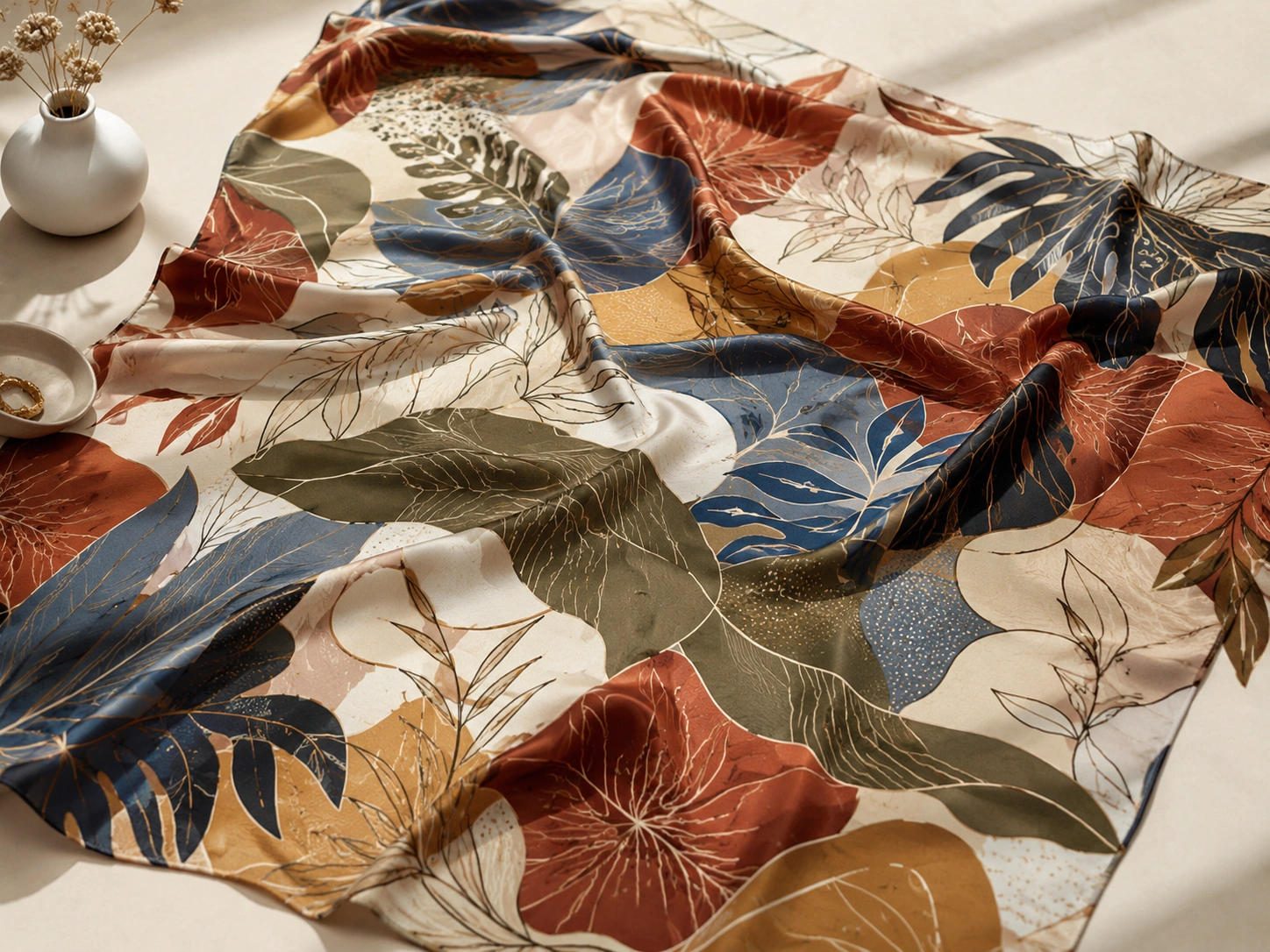 Full-surface printed silk scarf with an all-over pattern covering the entire fabric area from edge to edge.