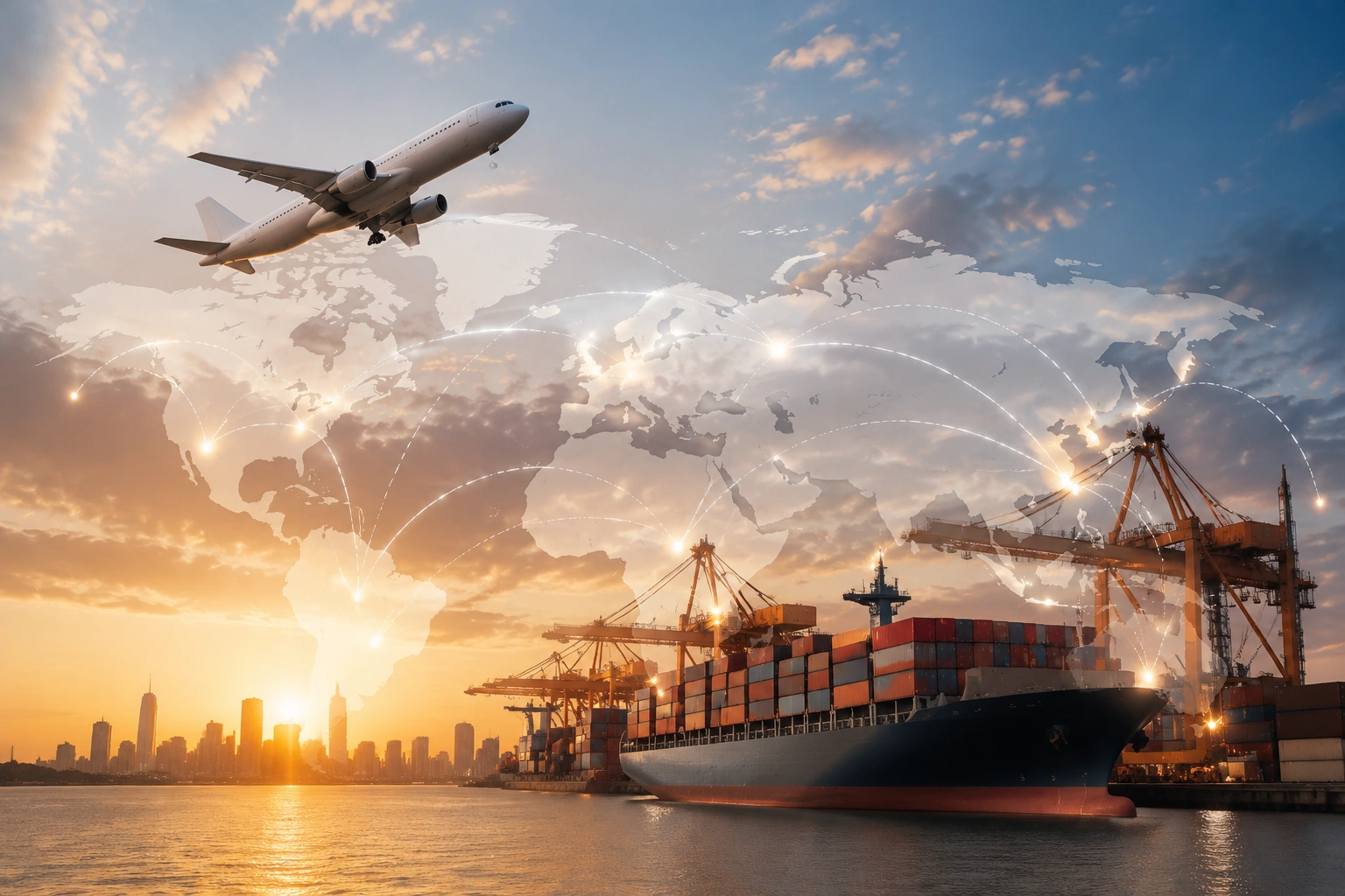 About 6 Airplane flying over a global map with international logistics network representing worldwide silk market partnerships.