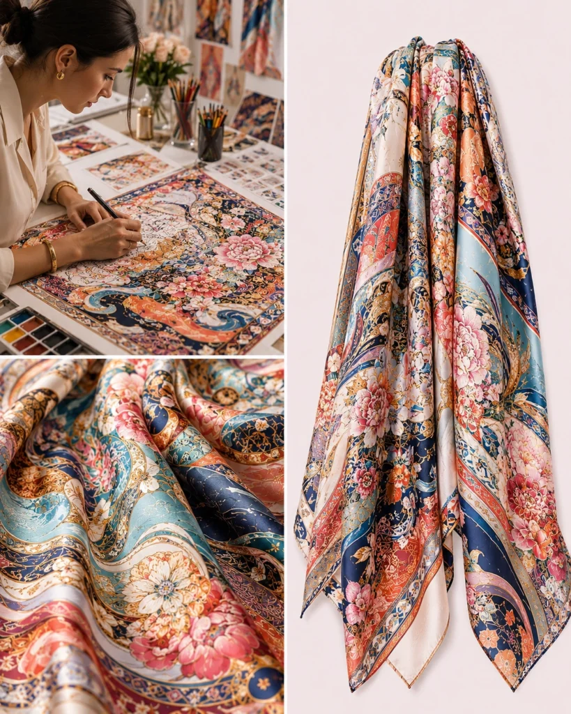 Hand-drawn artwork transformed into a colorful custom silk scarf with complex digital printing details