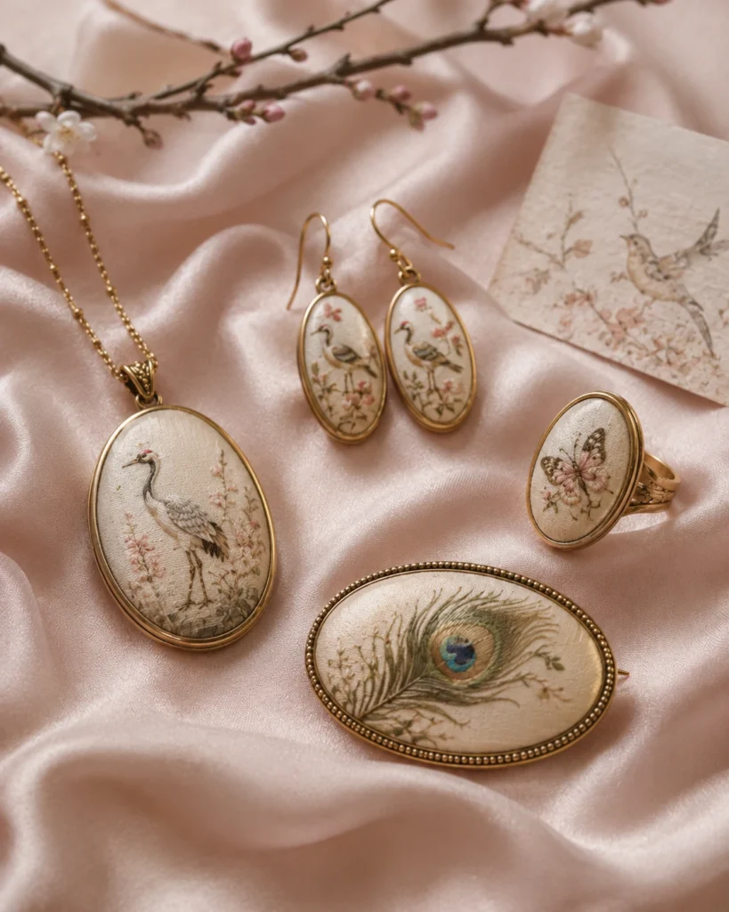 Vintage landscape artwork on custom silk jewelry pendant and ring