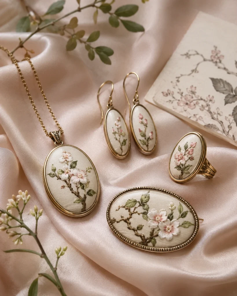 Hand painted silk jewelry set featuring floral oval pendant earrings and ring