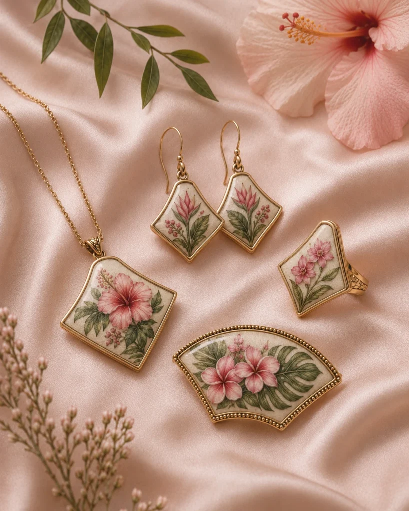 Custom silk jewelry accessories with pink floral artwork and geometric shapes