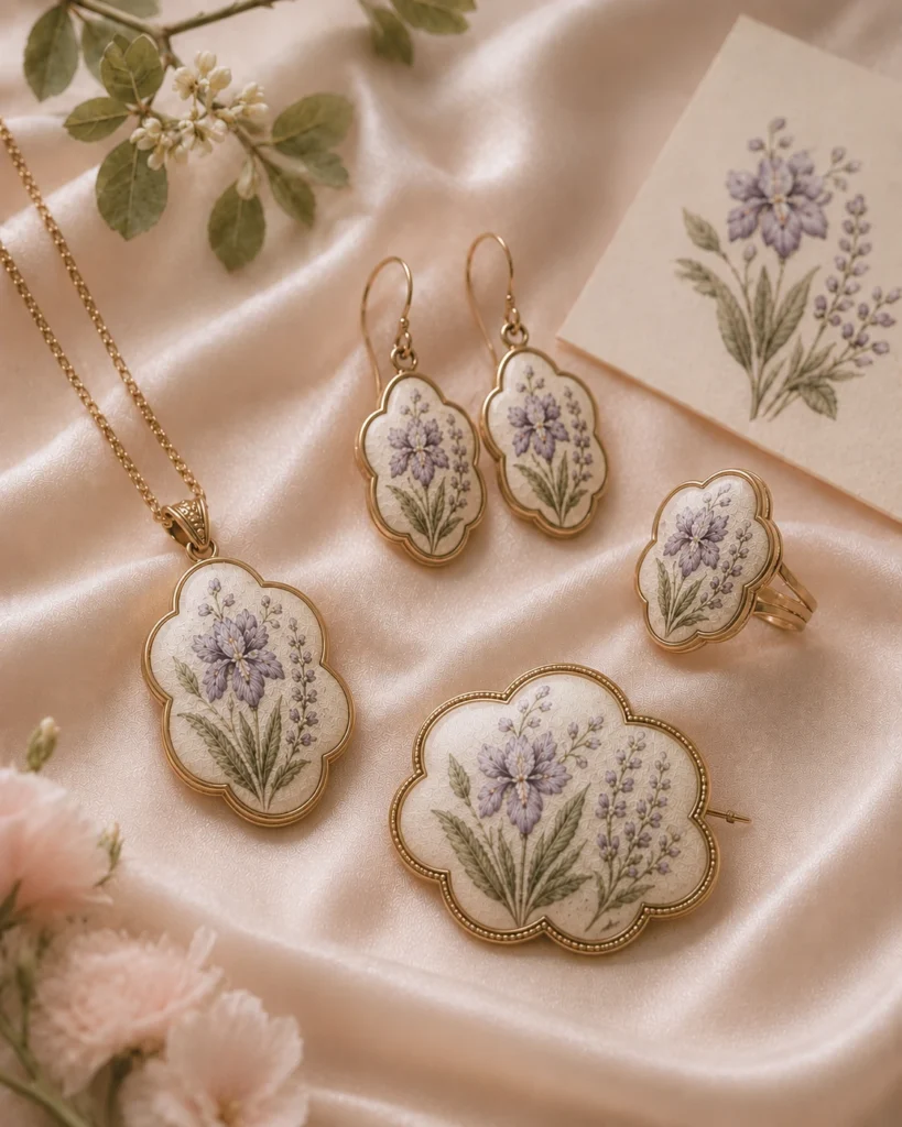Lavender floral pattern silk jewelry including earrings pendant and ring