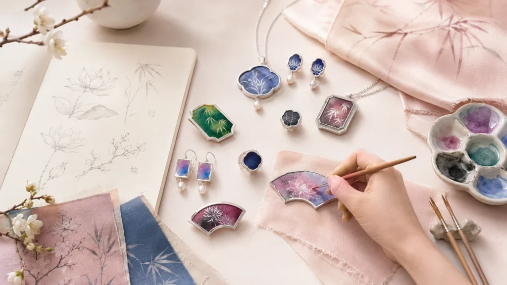 Artisan hand-painting a fan-shaped silk jewelry piece with brushes, sketches and finished accessories