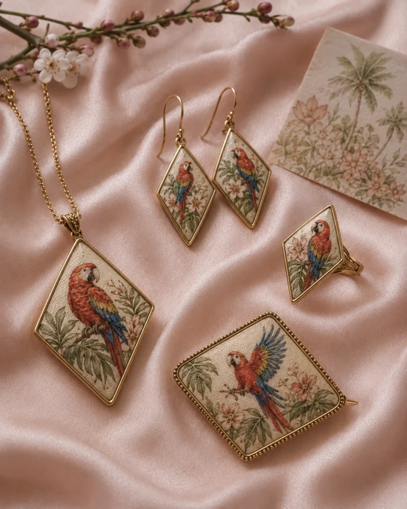 Colorful botanical artwork on custom silk jewelry accessories