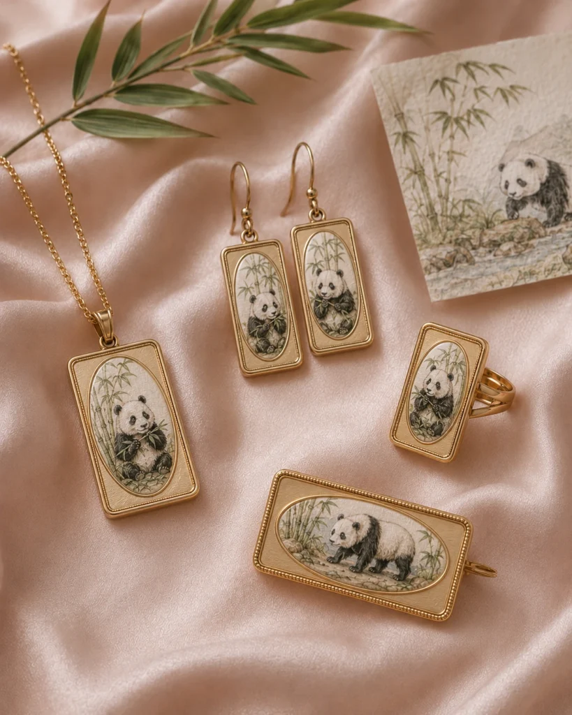 Botanical artwork silk jewelry with handmade pendant earrings and ring
