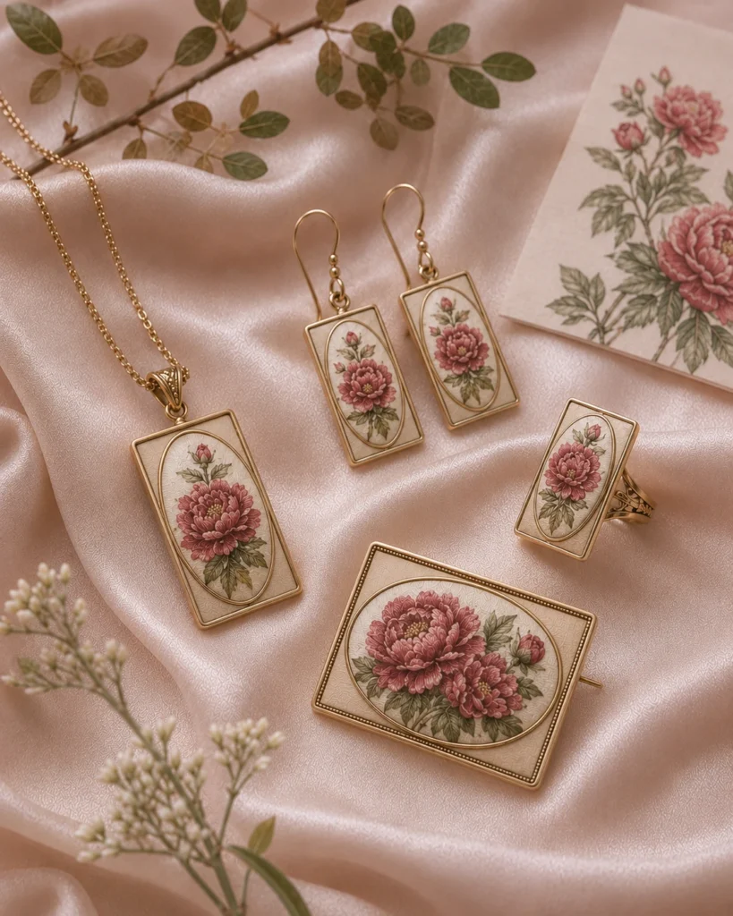 Custom silk jewelry with rose pattern pendant earrings and ring