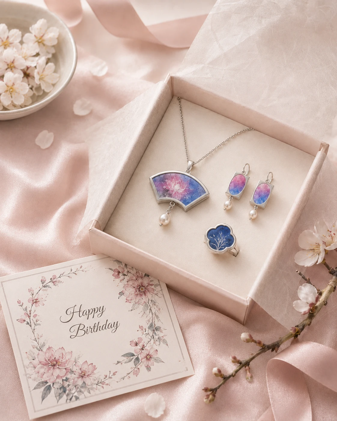 Hand-painted silk necklace earrings and ring presented in a gift box with a Happy Birthday card