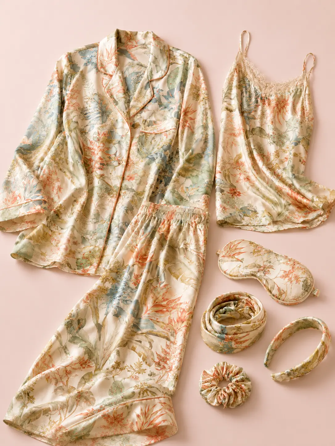 Italian vintage style silk pajama set with luxury printed fabric