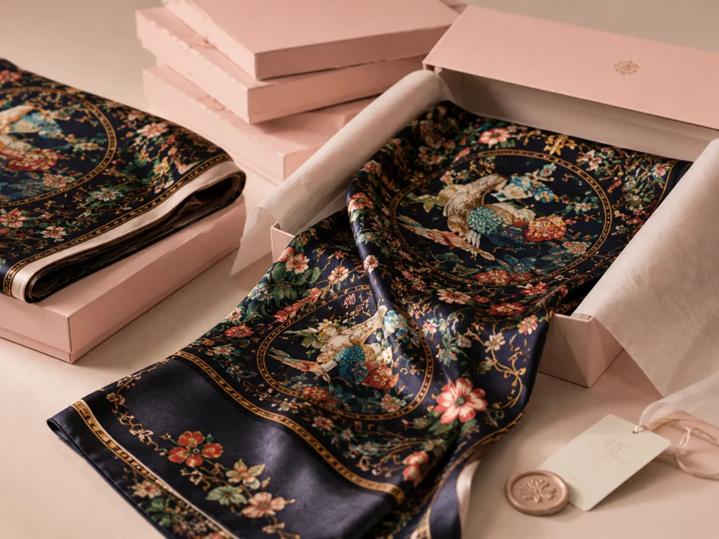 Finished custom silk scarf with complex dark floral print packed in luxury pink packaging box