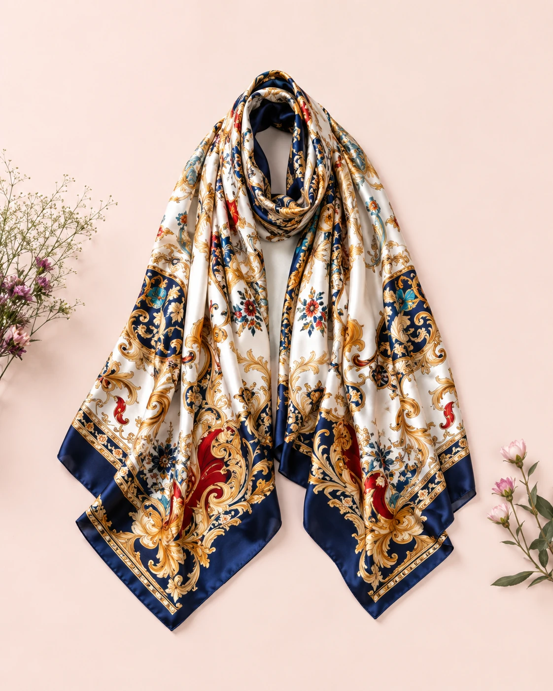 Silk Scarf 12 Luxury silk shawl with navy blue gold and floral baroque print on a pale pink background