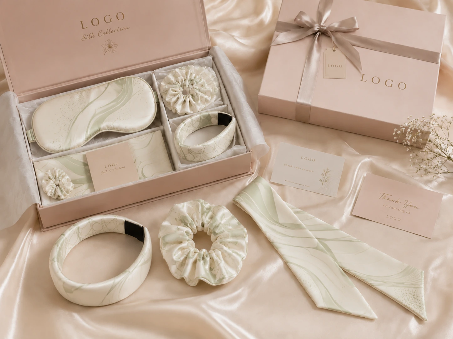 Silk Accessory 32 Luxury silk accessories gift box with silk eye mask, scrunchies, headband, and custom brand packaging