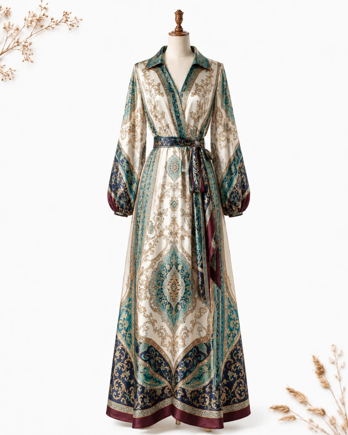 Custom printed silk dress with elegant ornamental pattern and soft silk texture