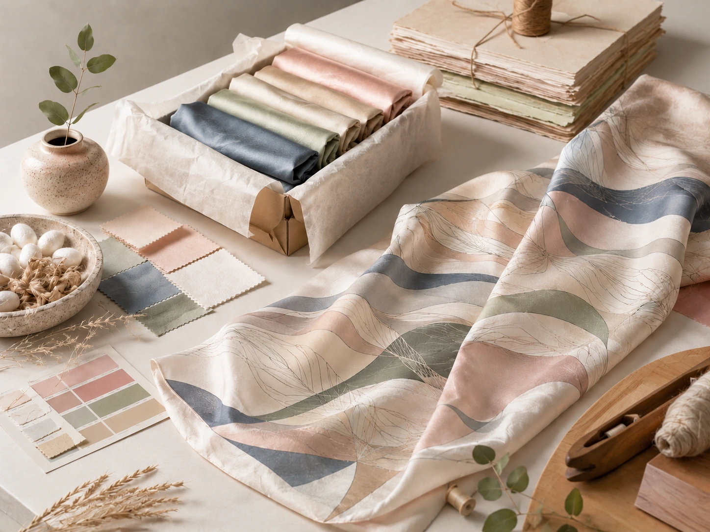 About 4 Pastel silk fabric samples with custom printed textile design, color swatches, and creative material styling in a premium workspace.