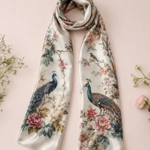 Long silk scarf with peacock birds peony flowers and botanical print on ivory silk