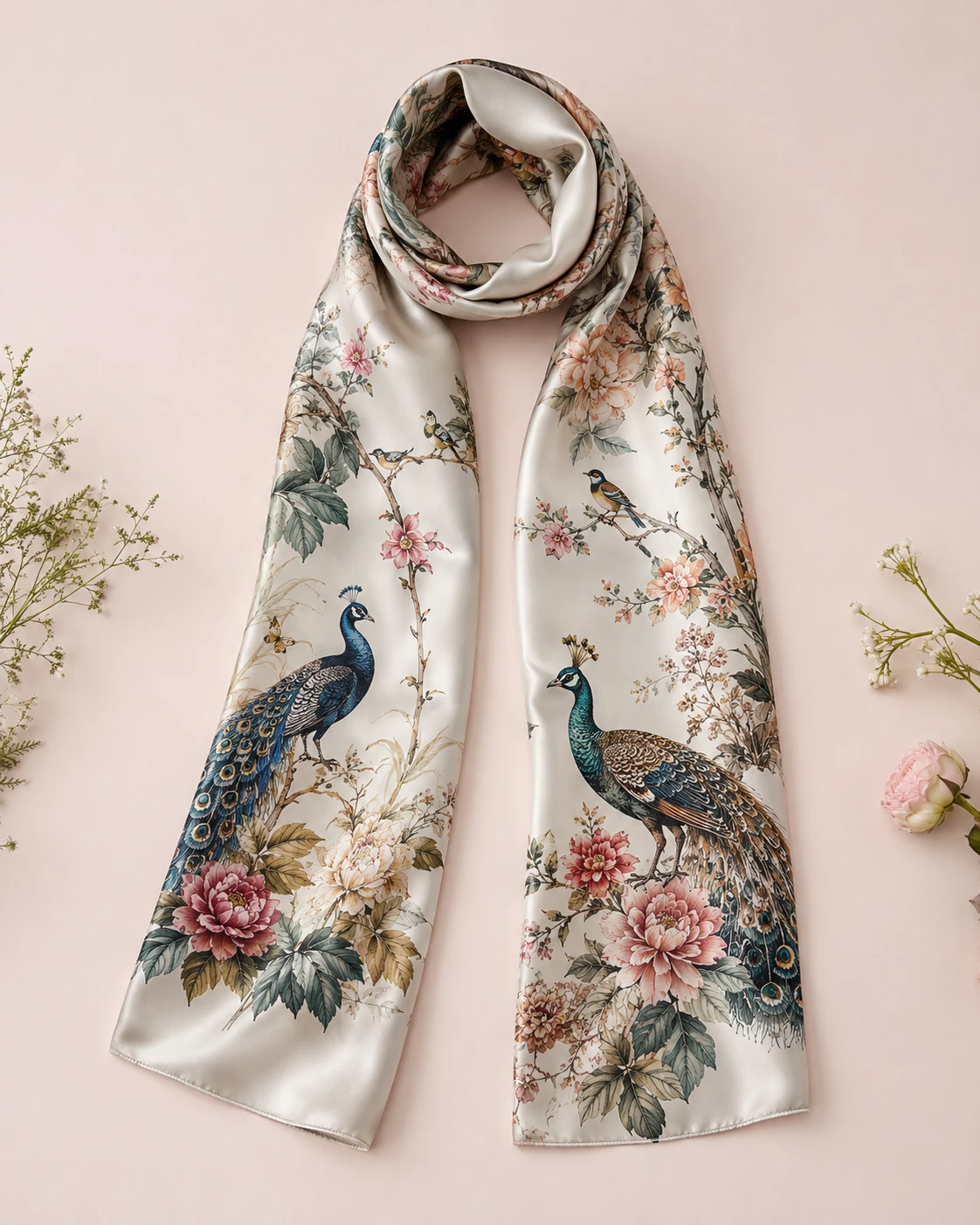 Silk Scarf 13 Long silk scarf with peacock birds peony flowers and botanical print on ivory silk