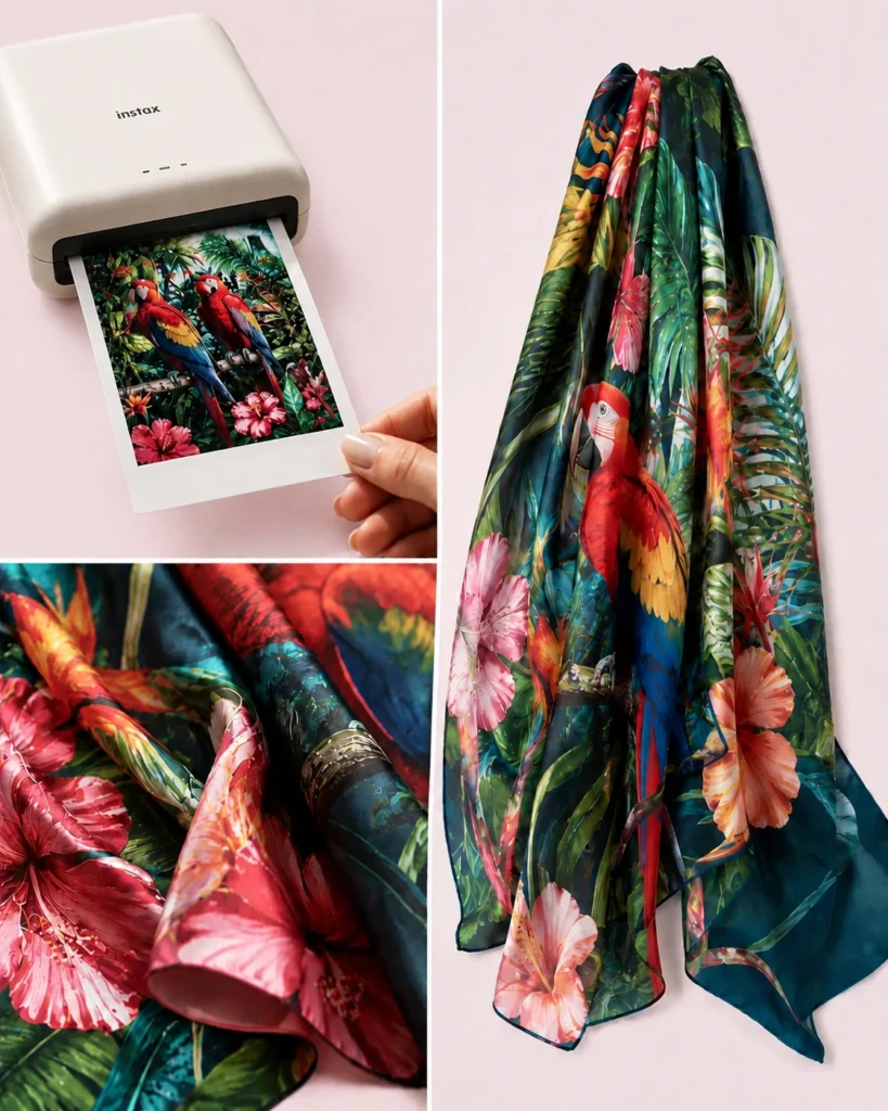 Tropical bird photo transformed into a vivid custom silk scarf with detailed digital printing