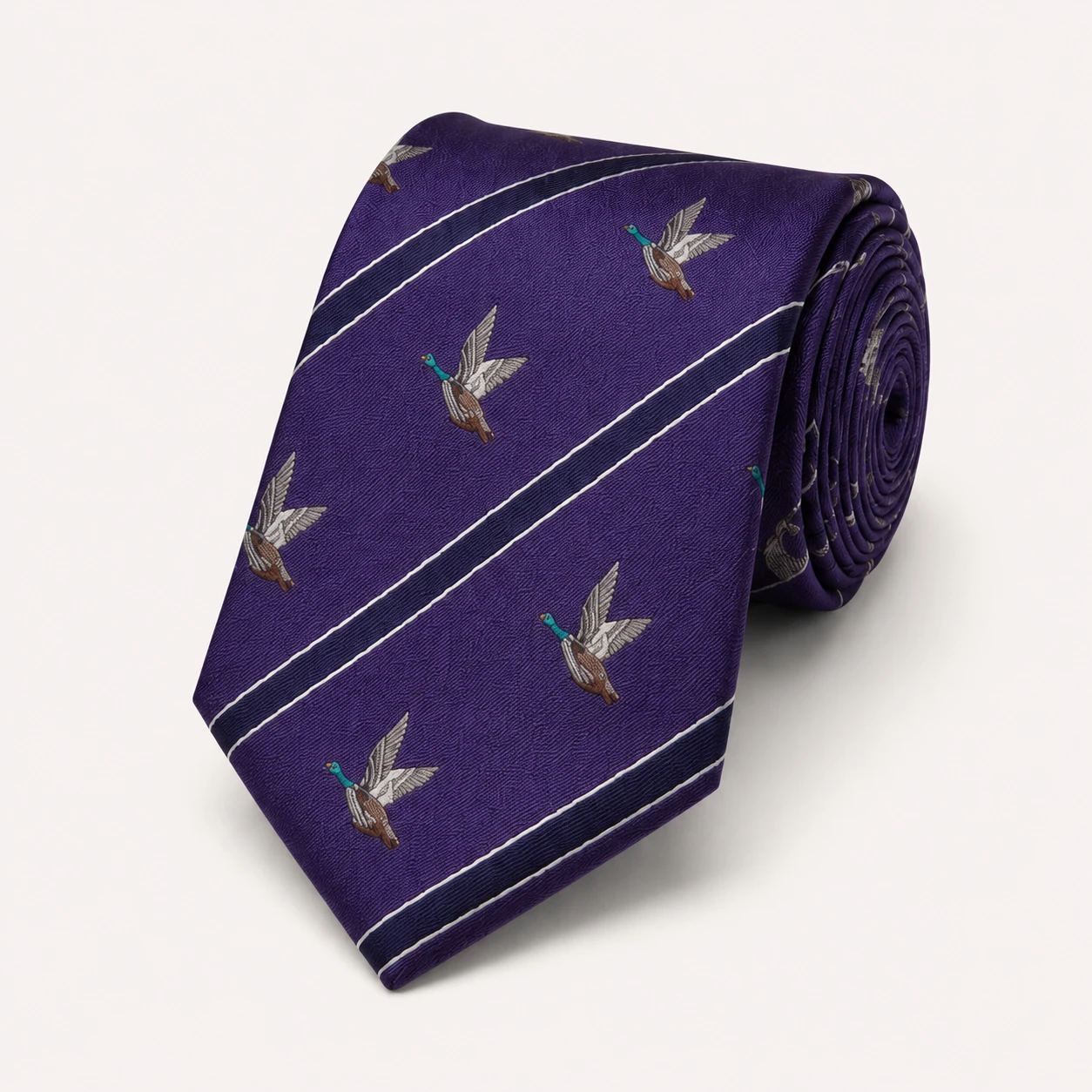 Silk Tie 7 Purple silk tie with elegant bird pattern and stripe design for men's business and formal fashion