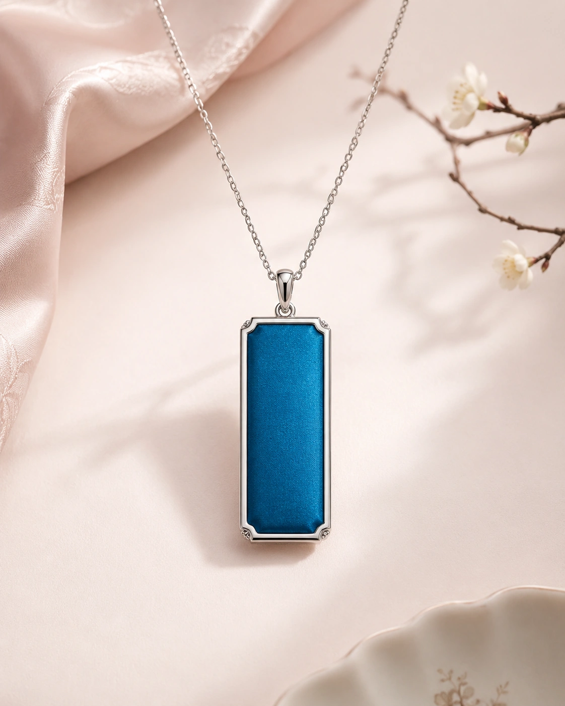 Rectangular pendant necklace with solid peacock blue silk and silver-tone metal frame