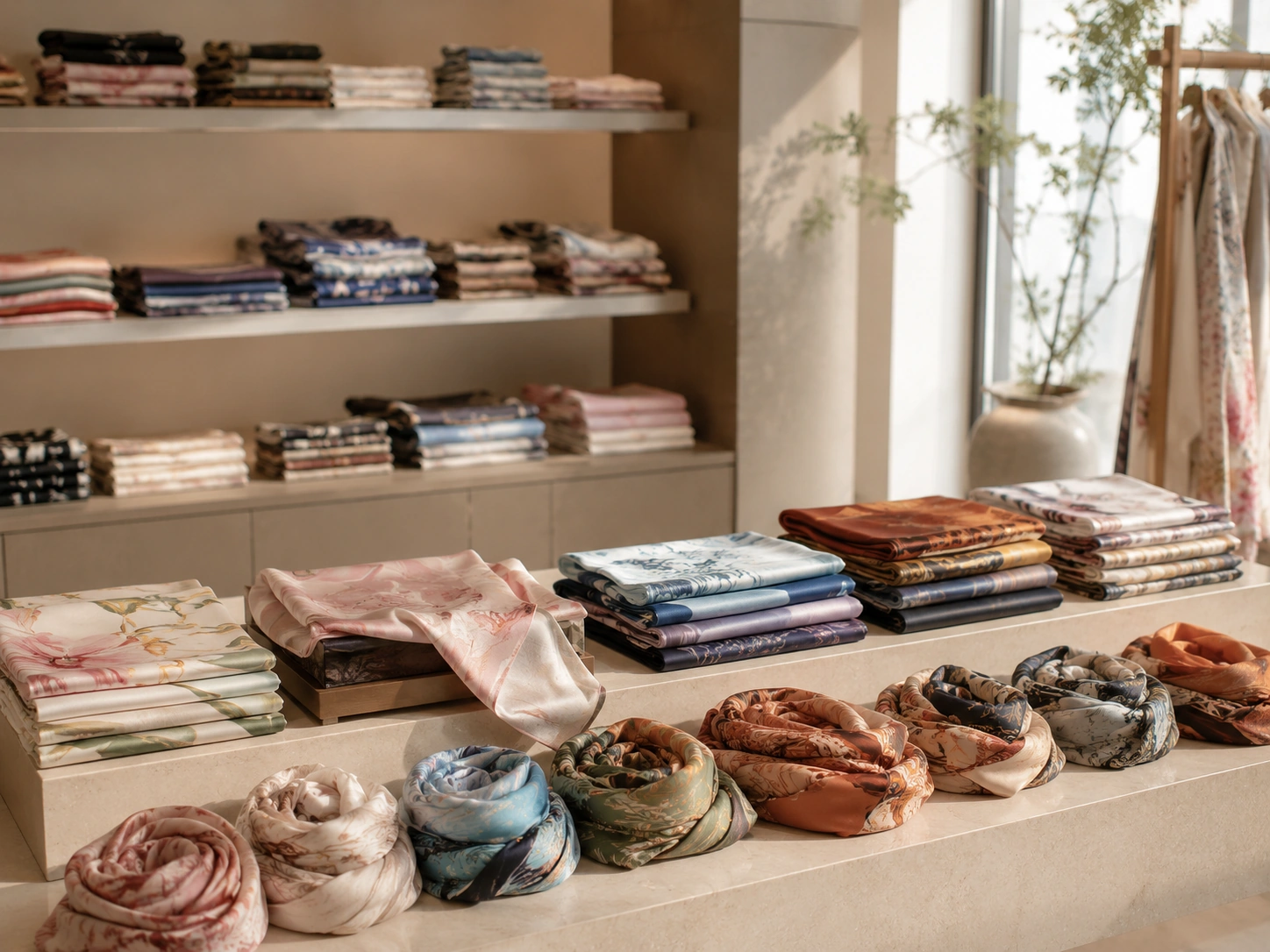Silk Scarf 34 Retail display of folded and rolled custom silk scarves arranged on shelves in a boutique store.