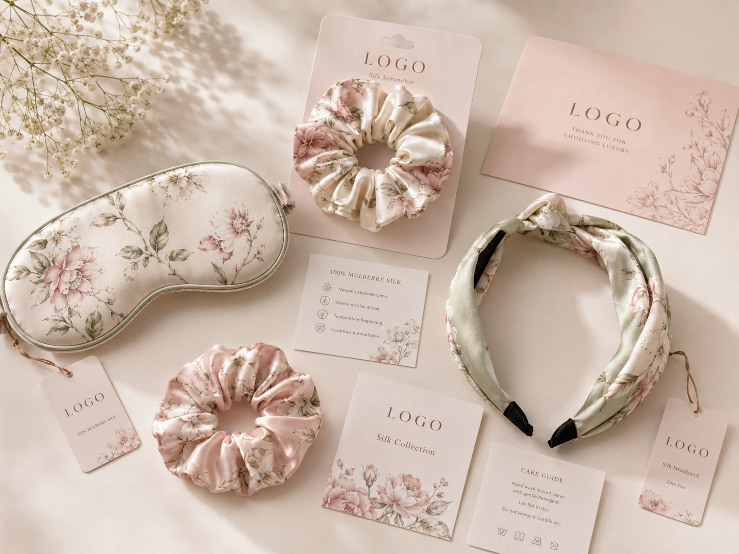 Silk Accessory 31 Custom silk accessories with branded backing cards, logo tags, and retail packaging for fashion brands