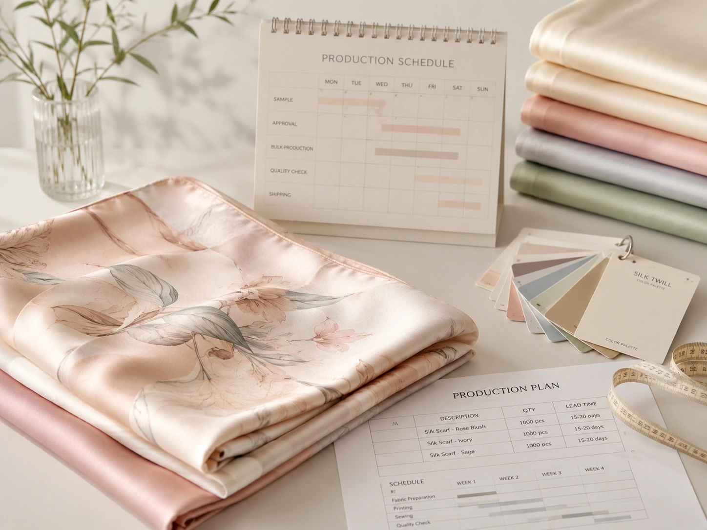 Silk scarf production planning with schedule calendar, fabric samples, and manufacturing timeline.