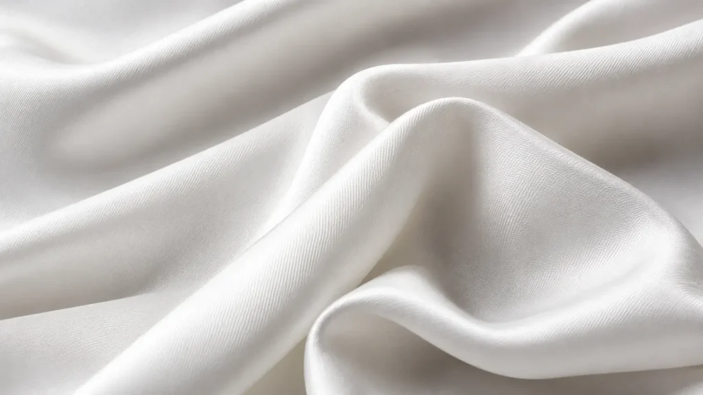 White silk twill fabric closeup with soft folds and visible texture