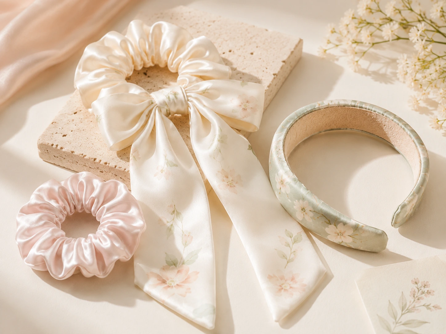 Silk Accessory 26 Premium silk accessories including silk eye mask, scrunchies, and floral hair scarf for comfortable daily use