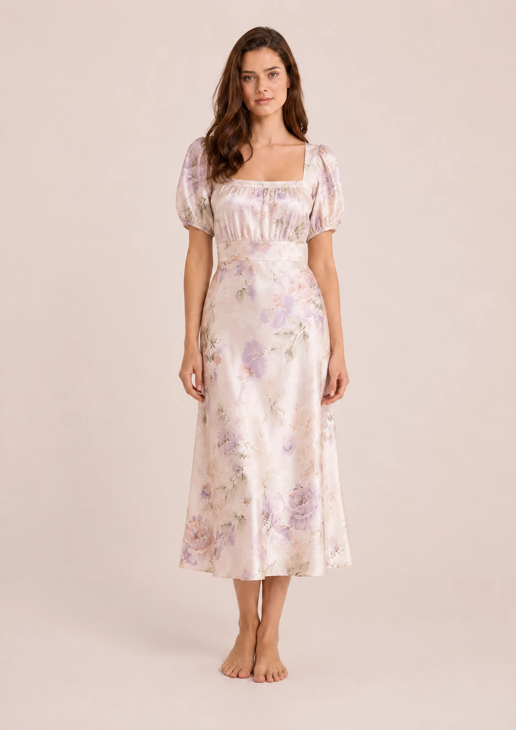 Burgundy silk dress with rose floral print and elegant vintage inspired design
