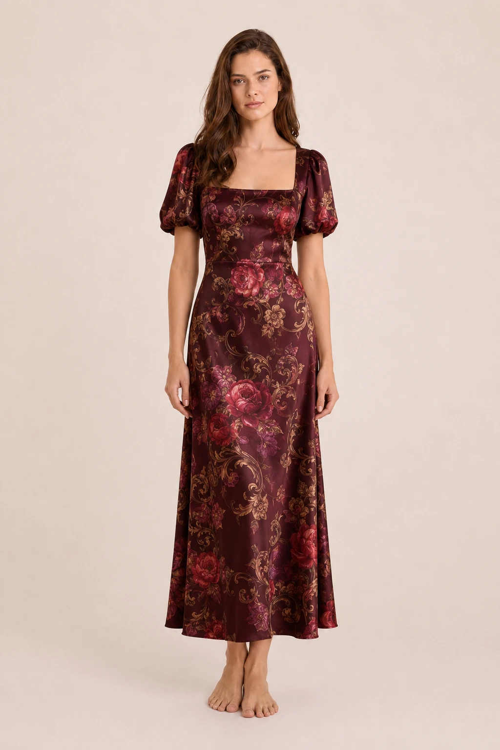Dark green silk dress with gold botanical print and elegant wrap design