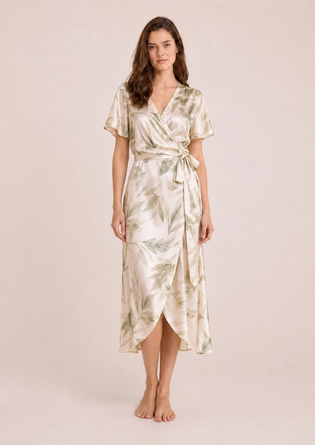 Forest green jacquard silk dress with luxurious floral texture and wrap style design