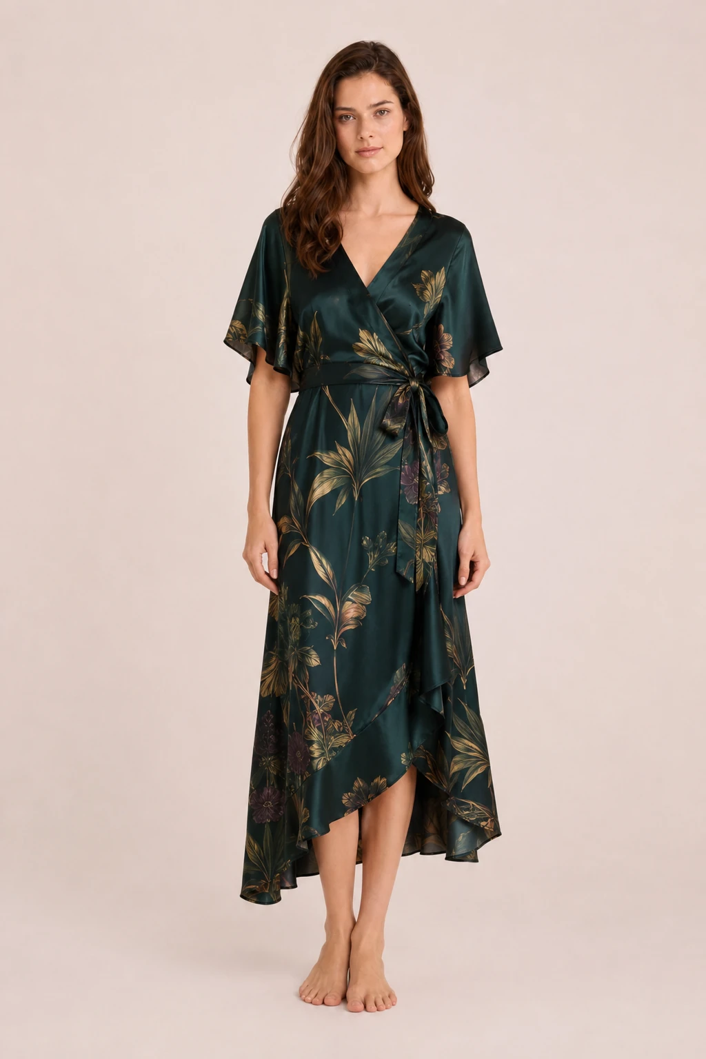 Lavender floral silk dress with puff sleeves and elegant feminine silhouette