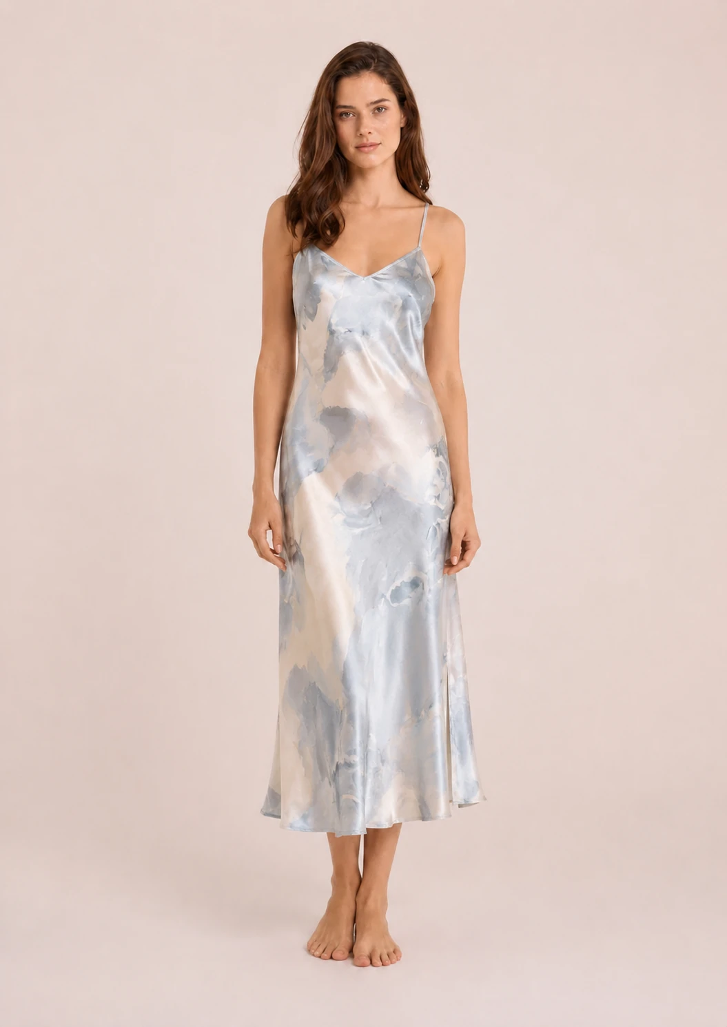 Navy blue floral silk evening dress with elegant satin fabric and feminine silhouette