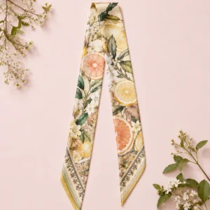 Slim silk twilly scarf with citrus fruit floral and botanical print in yellow orange and green