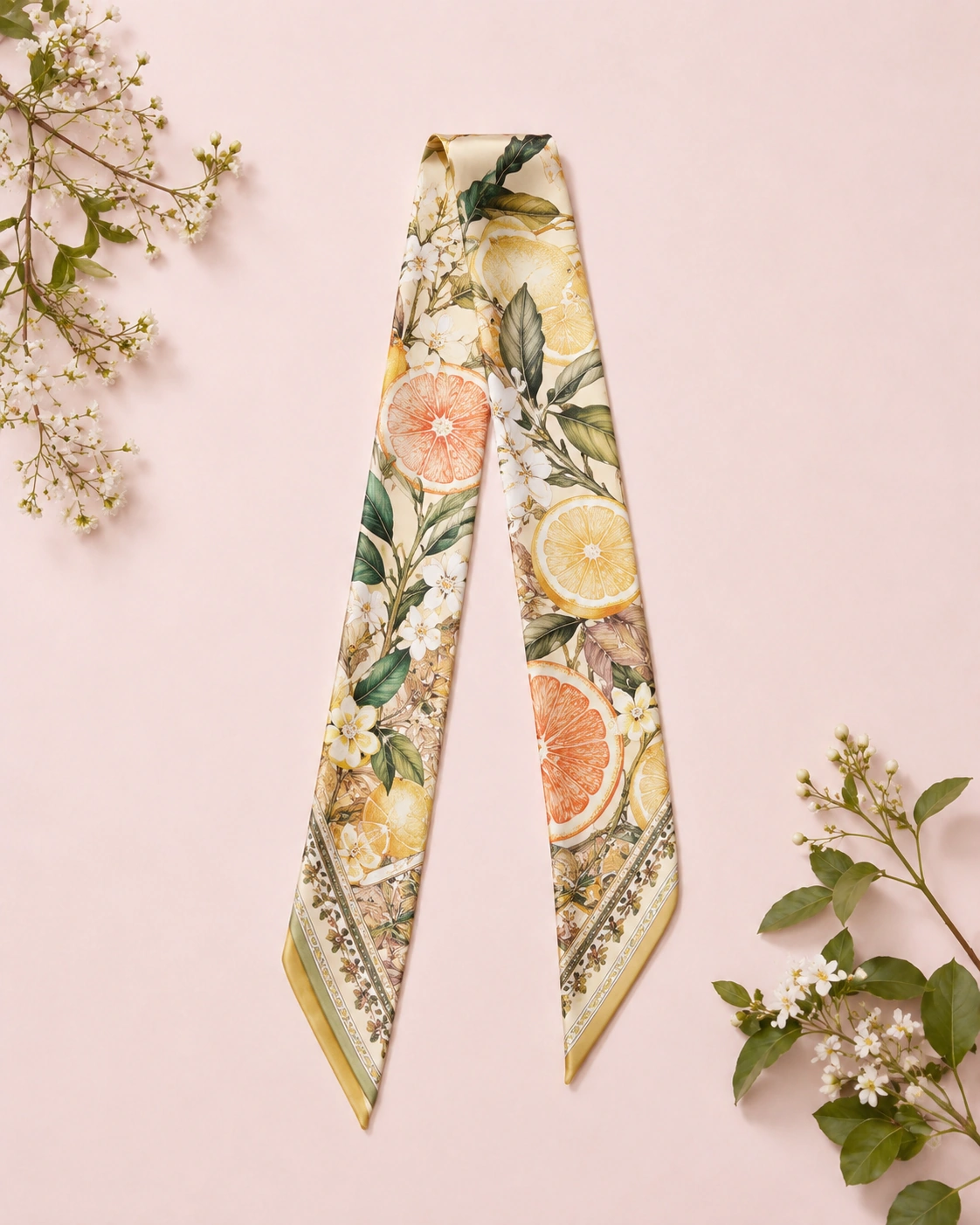 Silk Scarf 11 Slim silk twilly scarf with citrus fruit floral and botanical print in yellow orange and green