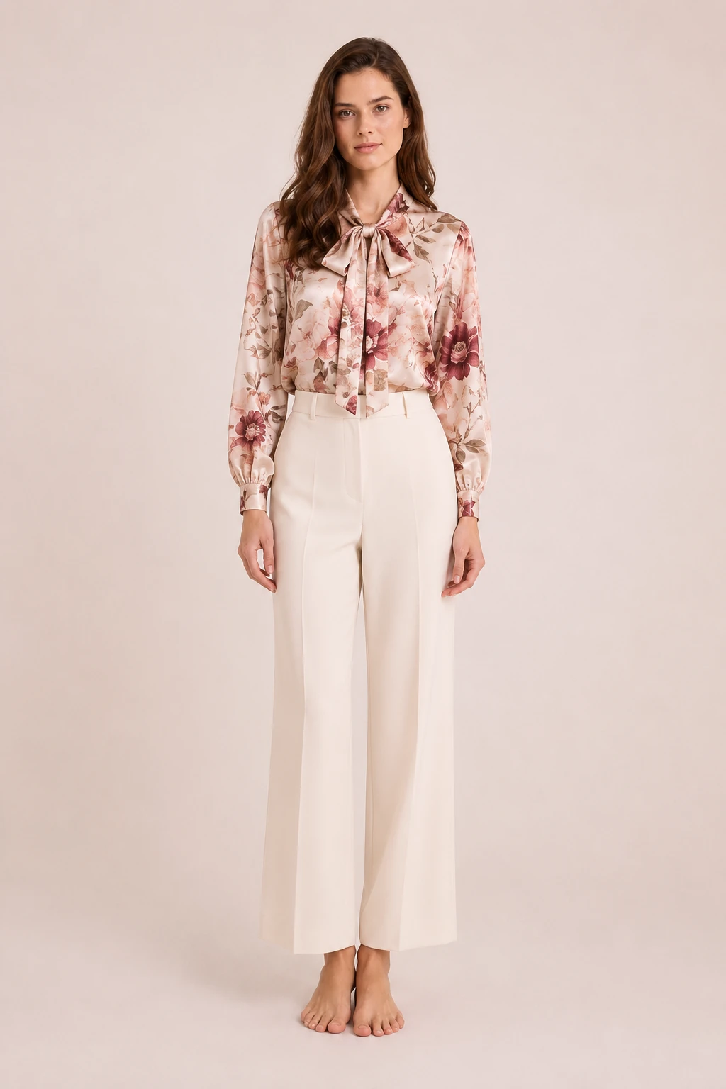 Floral printed silk blouse with bow collar design for elegant professional women fashion